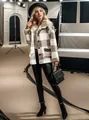 Chic women's plush checkered button-down jacket featuring pockets and a loose fit design - S / Tops / Khaki