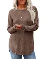Women's loose round neck long sleeve brown ribbed sweater with curved hem design - S / Khaki
