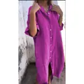 Robe chemise élégante en coton et lin fuchsia coupe ample avec boutons et poches - S / Hauts / Violet