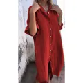 Robe chemise midi élégante en coton et lin rouge pour femme avec boutonnage décontracté - S / Hauts / Rouge