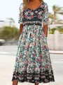 Detail view of a Bohemian floral print maxi dress with short sleeves and round neck. - S / Top And Bottom / Gray Green Floral (Color 1)