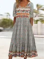 Detailed view of a stylish bohemian floral printed maxi dress with round neck and short sleeves - S / Top And Bottom / Blue Red Ethnic (Color 2)