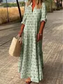Elegante vestido largo vintage verde menta con cuello mao y estampado de hojas - S / Bottoms / Rosa