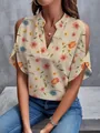 Elegant floral print V-neck cold shoulder summer blouse for women in beige finish - S / Tops / Yellow Floral
