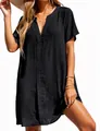 Casual black V-neck short sleeve mini shirt dress for women summer beach outing - S / Black