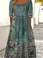 Close-up detail of bohemian floral print maxi dress featuring round neck and short sleeves - Vintage Green Floral (Color 7)