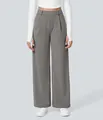 Detailed front view of women's grey high-waist wide-leg dress pants for casual office wear - S / Bottoms / Gray
