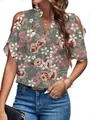 Elegant green floral V-neck blouse with stylish cold shoulder sleeves for women - S / Rainbow