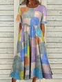 Detailed view of bohemian geometric print maxi dress with round neck and short sleeves. - Blue Purple Yellow Geometric (Color 8)