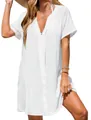 Elegant white V-neck casual shirt dress for women, perfect for summer beach cover-up - S / White