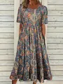 Detail view of Bohemian paisley print maxi dress with round neck and short sleeves - Navy Orange Paisley (Color 9)
