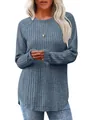Detailed view of women's loose round-neck rib-knit top with high-low curved hem - S / Blue