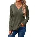 Top de manga larga para mujer con cuello en V y botones decorativos verde oliva suave - S / Tops / Verde Militar