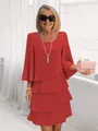 Elegant red tiered ruffle dress for women featuring a round neck and loose fit - S / Top And Bottom / Red