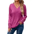Suéter de mujer con cuello en V de punto acanalado fucsia con botones en los puños - S / Tops / Rosa rojo