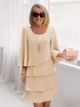 Detail showing the elegant multi-layered tiered design of this beige chiffon summer dress - S / Top And Bottom / Khaki