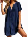 Elegant navy blue summer casual V-neck shirt dress for women perfect for beach wear - S / Navy Blue