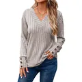 Maglia casual grigia a maniche lunghe con scollo a V e bottoni decorativi da donna - Grigio