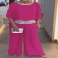 Elegant fuchsia two-piece set featuring silver sequins on the neckline and waistline - Rose Red