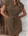 Elegant blue and yellow vertical striped summer dress with batwing sleeves and waist tie - S / Top And Bottom / Dark Brown
