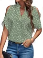 Elegant green floral print summer blouse featuring a V-neck and stylish cold shoulder design - Grass Green
