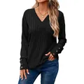 Camiseta de manga larga para mujer con cuello en V negro y botones decorativos en puños - S / Tops / Negro