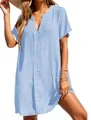 Elegant light blue V-neck short sleeve mini dress, perfect for summer beach and casual wear - Sky Blue