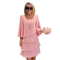 Elegant pink tiered cake dress with ruffled layers and round neck for women fashion - S / Top And Bottom / Pink