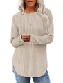Detail view of women's loose crewneck ribbed knit top with high-low curved hem - S / Apricot
