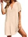 Summer casual V-neck shirt beach dress for women in soft apricot linen-style fabric - Apricot