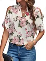 Women's summer floral V-neck top with stylish cold shoulder sleeves in white pink print - White Floral