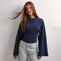 Navy blue long-sleeve top featuring wide flared sleeves and a slim waist design - XS / Top (Small Cuff) / Navy Blue