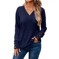 Jersey de punto acanalado con cuello en V para mujer en azul marino con puños de botón - S / Tops / Azul marino