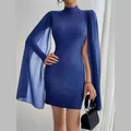 Elegante vestido azul real ajustado con mangas de capa en gasa brillante y cuello alto de moda - S / Top Y Pantalón / Azul