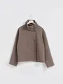 Elegante cappotto di lana a collo alto color tortora con bottoni asimmetrici per l'inverno - Taglia S / Top / Cammello