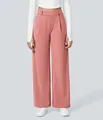 Women's casual dusty pink wide-leg trousers with high waist, solid color loose fit design - Pink