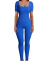 Elegant blue ribbed square neck short sleeve slim fit bodycon jumpsuit for women - S / Top And Bottom / T-Shirts / Blue