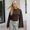 Chic dark brown long sleeve top with wide flared sleeves and cinched waist design - Brown
