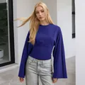 Elegant royal blue slim fit top with dramatic wide bell sleeves and round neck - Sapphire Blue