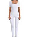 Elegant slim fit white ribbed square neck short sleeve long jumpsuit for women - S / Top And Bottom / T-Shirts / White