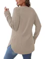 Women's casual ribbed long sleeve sweater with curved high-low hem in khaki color - Khaki