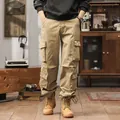 Men's khaki multi-pocket cargo pants in American vintage style with drawstring hem - 29 / Bottoms / Khaki