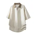 Premium Herren Oversized Lyocell-Poloshirt in Beige mit schickem braunem Kontrastkragen - M / Oberteile / Hellbeige