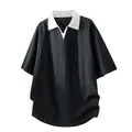 Herren Lyocell Polo-T-Shirt, lockere Passform, Schwarz mit weißem Kontrastkragen - M / Oberteile / Schwarz
