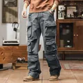Retro grey multi-pocket cargo pants for men in heavy cotton canvas streetwear style - 29 / Bottoms / Gray