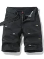Men's black casual cargo shorts featuring vintage bee embroidery and a matching belt - 28 / Bottoms / Black