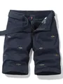 Men's retro navy blue casual cargo shorts with small bee embroidery and matching belt - Dark Blue