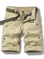 Men's retro khaki cargo shorts featuring embroidered bee patterns and green belt - 38 / Bottoms / Khaki