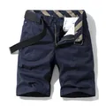 Premium men's navy blue cotton cargo shorts with embroidered detail and black belt - Dark Blue