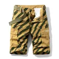 Men's striped cargo shorts in khaki and green with belt and pocket detail - Earthy Yellow
